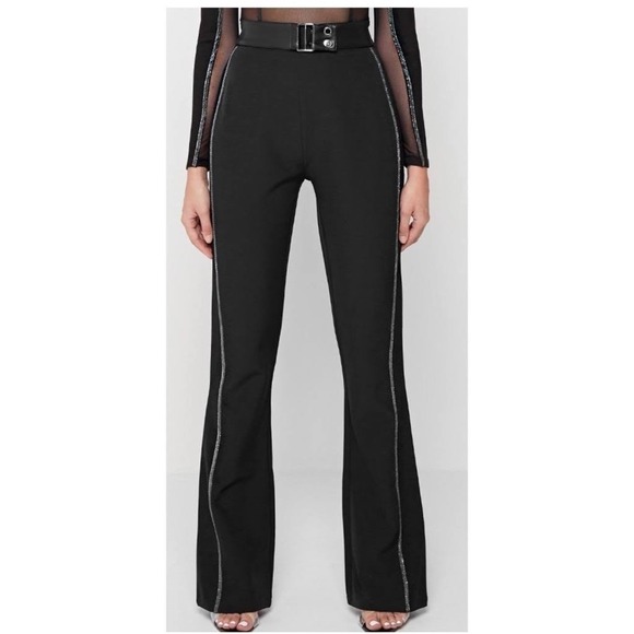 MANIERE DE VOIR NWT Black Rhinestone Flare Leg Pants Belted High Waisted Size 12 - Picture 2 of 7